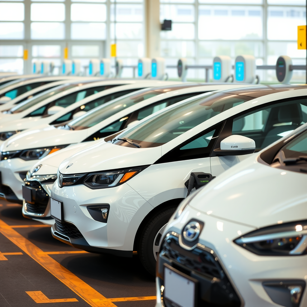 Row of modern hybrid and electric rental vehicles parked at a car rental facility, featuring sleek designs in white and silver colors with charging stations visible in the background, representing eco-friendly transportation options