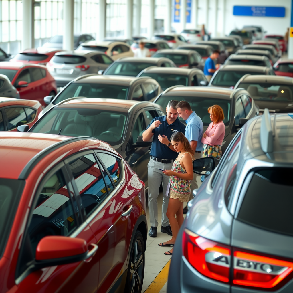 Busy car rental location with multiple vehicles parked in rows, customers reviewing rental agreements, and staff assisting travelers during peak summer season