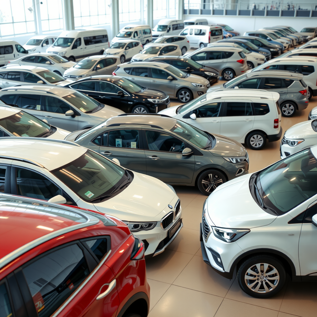 Modern fleet of rental vehicles including economy cars, luxury sedans, SUVs and commercial vans parked in organized rows at a professional car rental facility, showcasing variety and quality of available vehicles