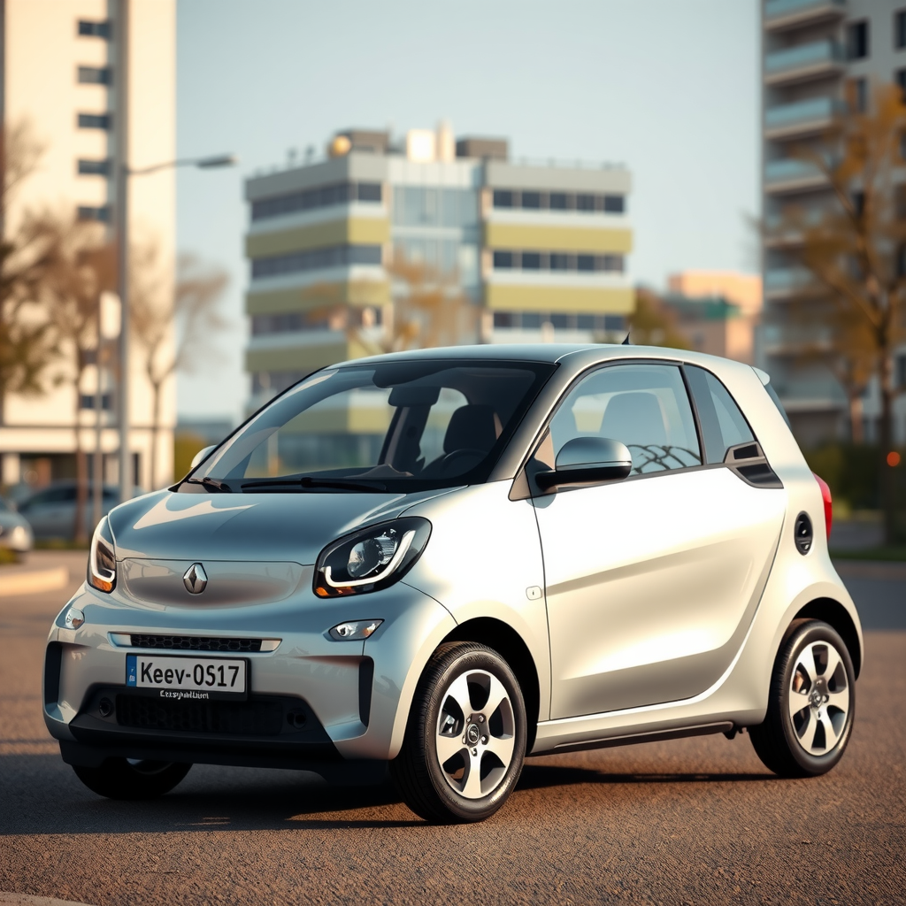 Modern compact economy car in silver color, fuel-efficient design with aerodynamic body, perfect for city driving and daily commutes, parked in urban setting