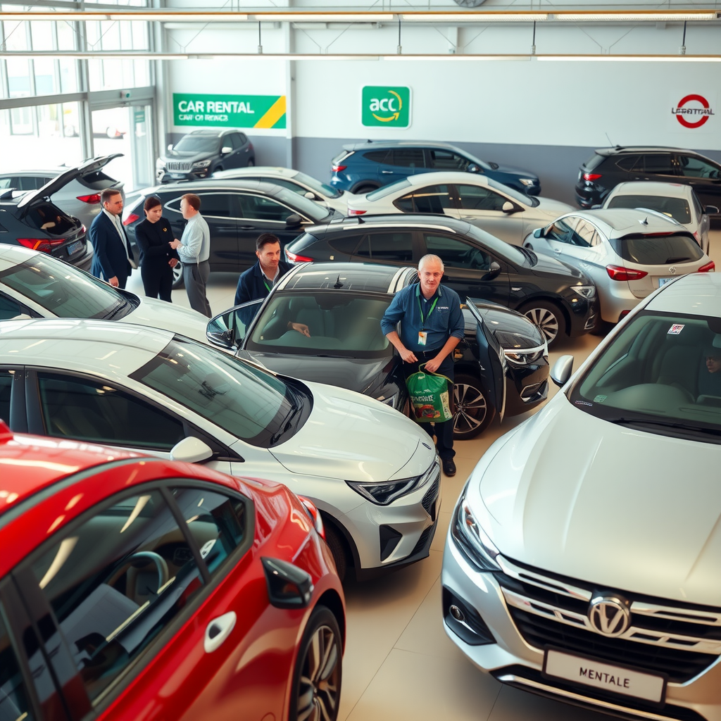 Professional car rental service showing a diverse fleet of well-maintained vehicles including economy cars, SUVs, and luxury sedans parked in a modern rental facility with clear signage and friendly staff assisting customers