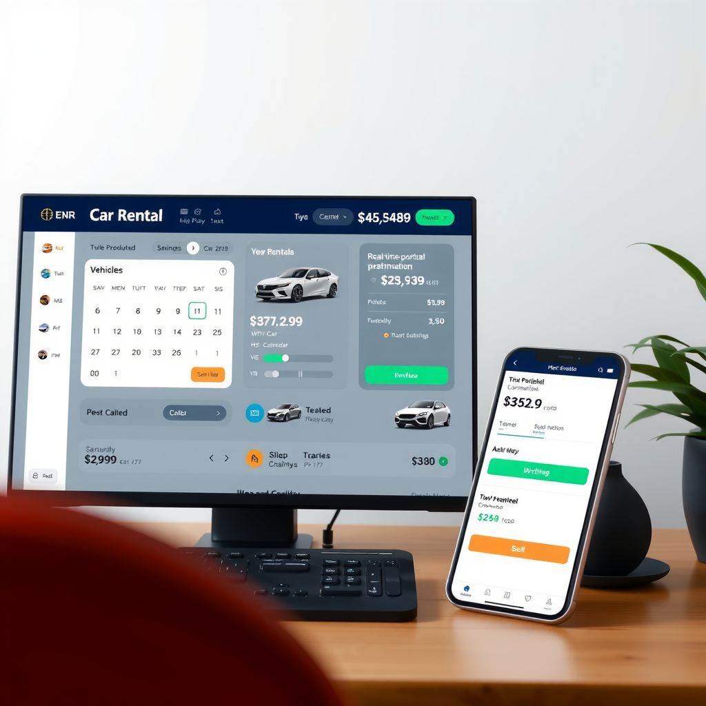 Modern car rental booking dashboard showing vehicle selection interface with calendar, real-time availability checker, and instant confirmation system on desktop and mobile screens