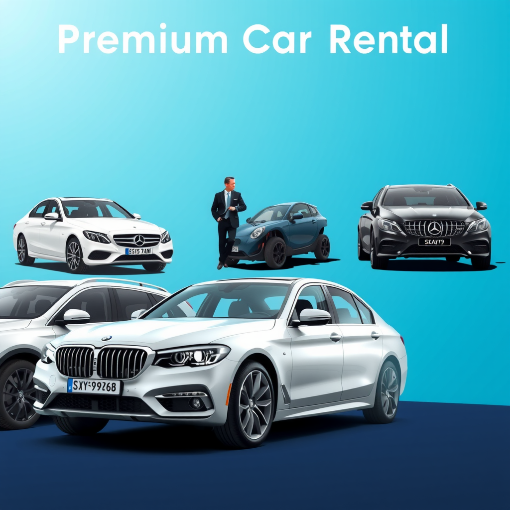 Premium car rental services banner showing luxury vehicles, professional staff, and modern amenities with blue gradient background
