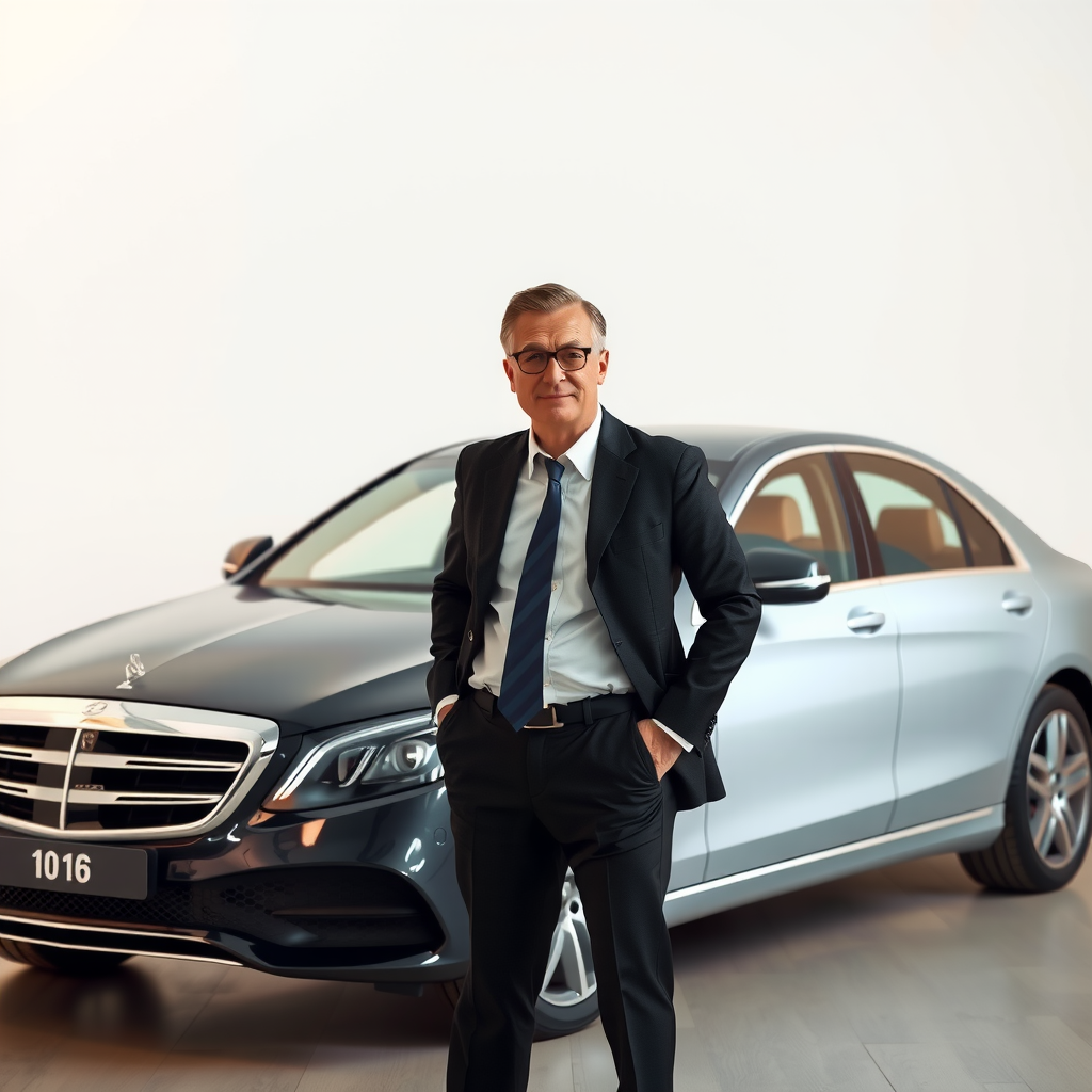 Professional businessman in suit standing next to luxury executive sedan rental car, perfect for corporate travel and business meetings in Manchester