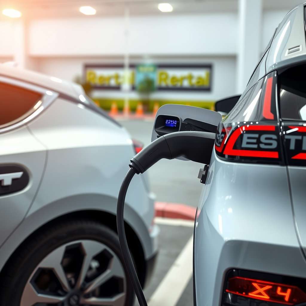 Modern electric vehicle connected to a charging station at a car rental facility, showing the charging cable plugged into the vehicle with a digital display indicating charging progress, surrounded by clean and well-maintained rental lot
