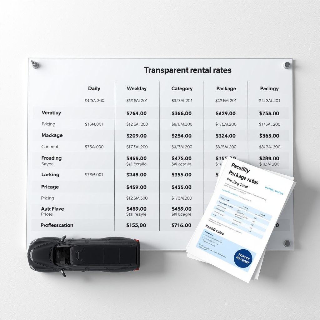 Professional pricing chart displaying transparent rental rates and package options with calculator and documents showing daily, weekly and monthly pricing structures for different vehicle categories