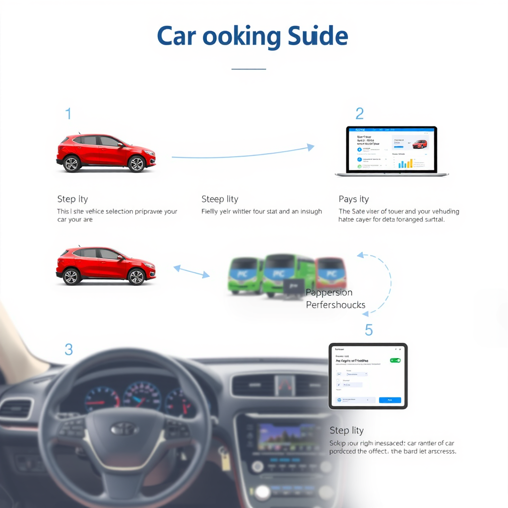 Visual guide showing the step-by-step car rental booking process from vehicle selection through payment and confirmation with numbered steps and clear interface screenshots