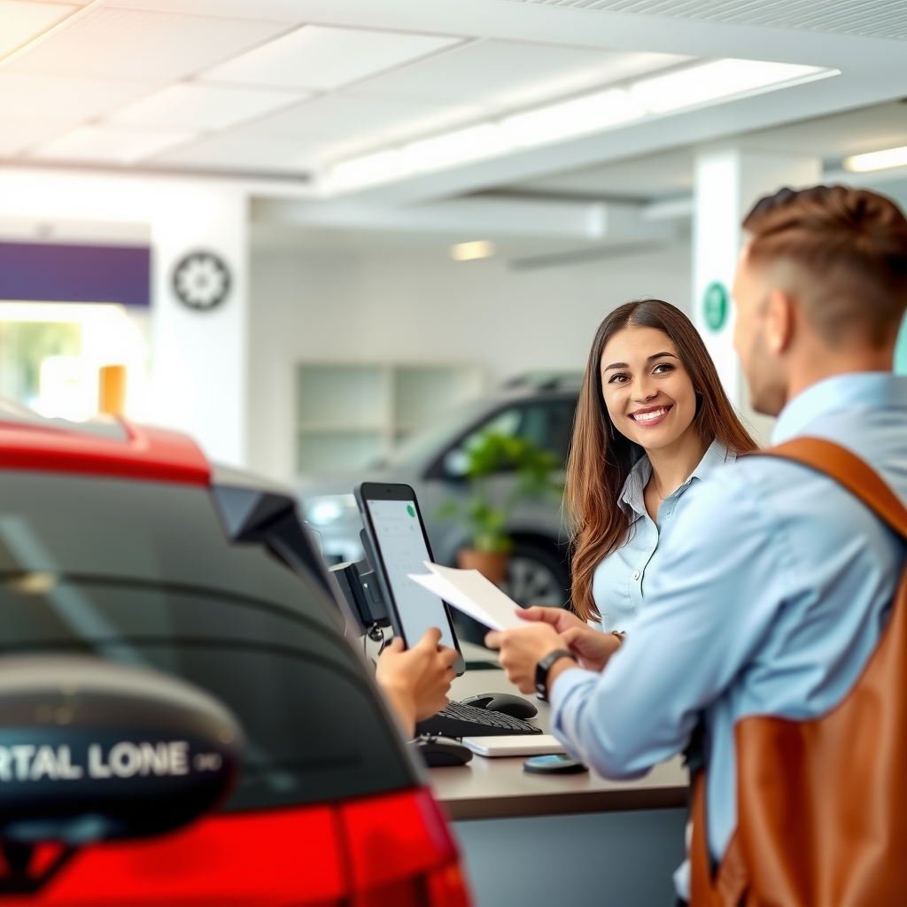 Smiling customer service representative at a modern rental car counter helping a satisfied customer with their car rental booking, bright and welcoming office environment