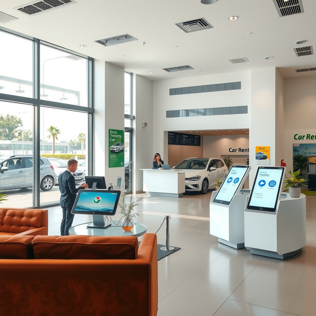 Professional car rental service center interior showing a modern customer service desk with friendly staff, digital booking kiosks, comfortable waiting area, and large windows displaying the eco-friendly vehicle fleet outside