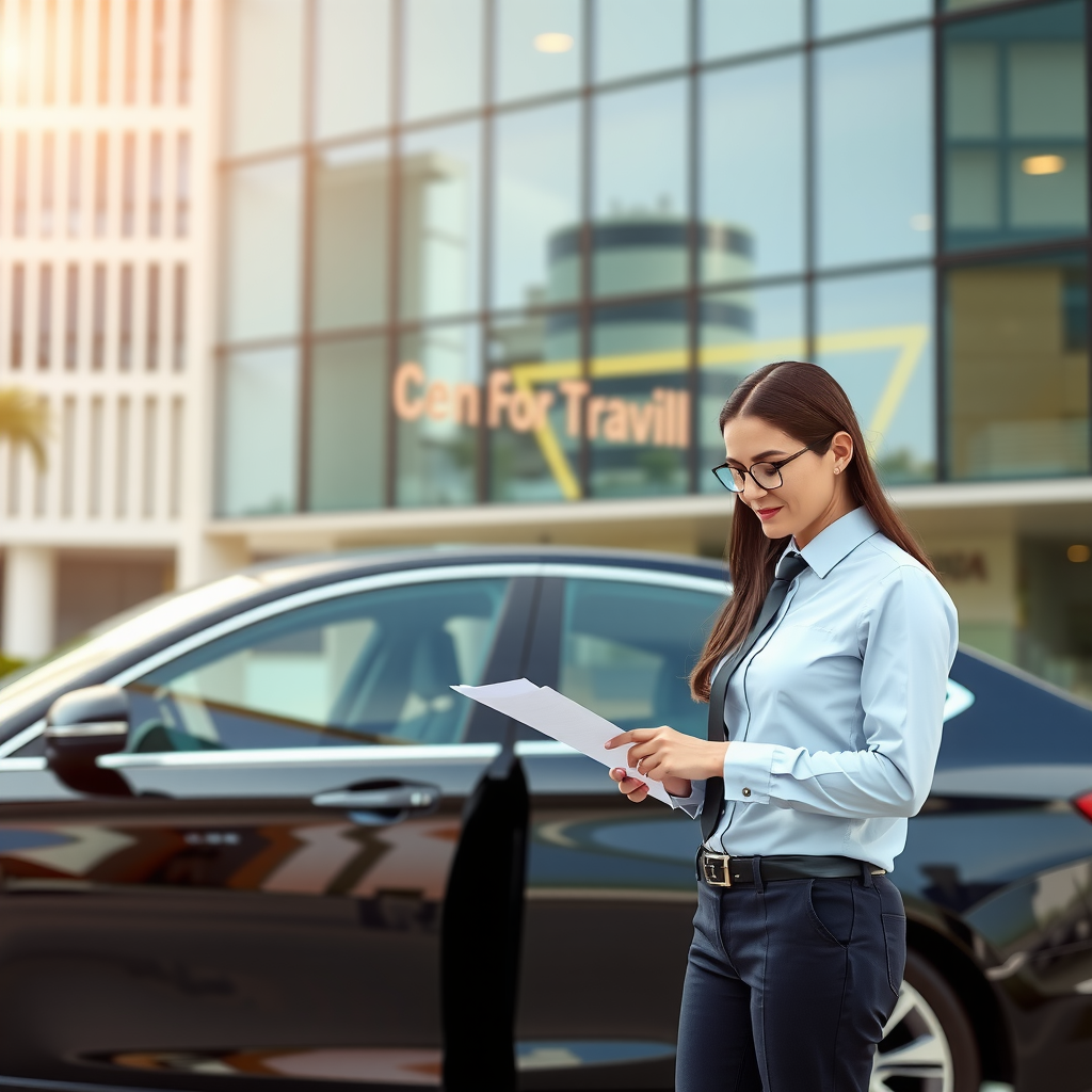 Professional businessperson in business attire standing next to a sleek rental sedan, reviewing documents, modern office building in background, representing business travel convenience