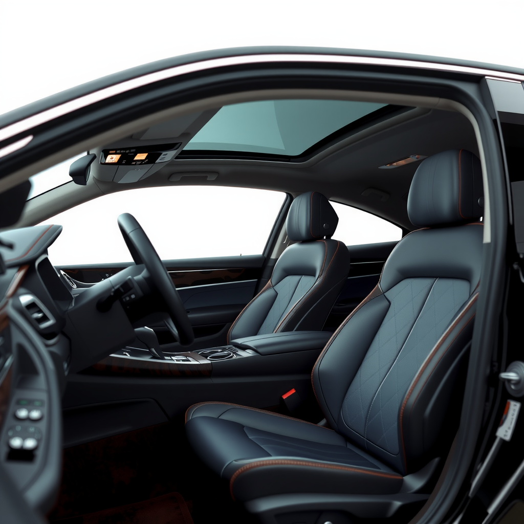 Elegant luxury sedan in black color with premium leather interior, sophisticated design, chrome accents, and executive styling, perfect for business travel and special occasions