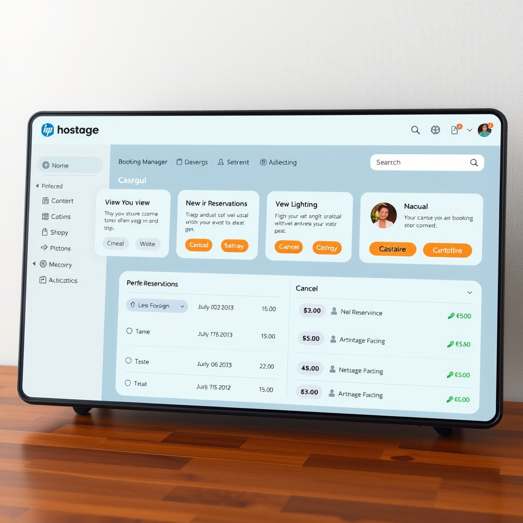 User-friendly booking management dashboard interface showing options to view, modify, and cancel reservations with clear navigation and account management features