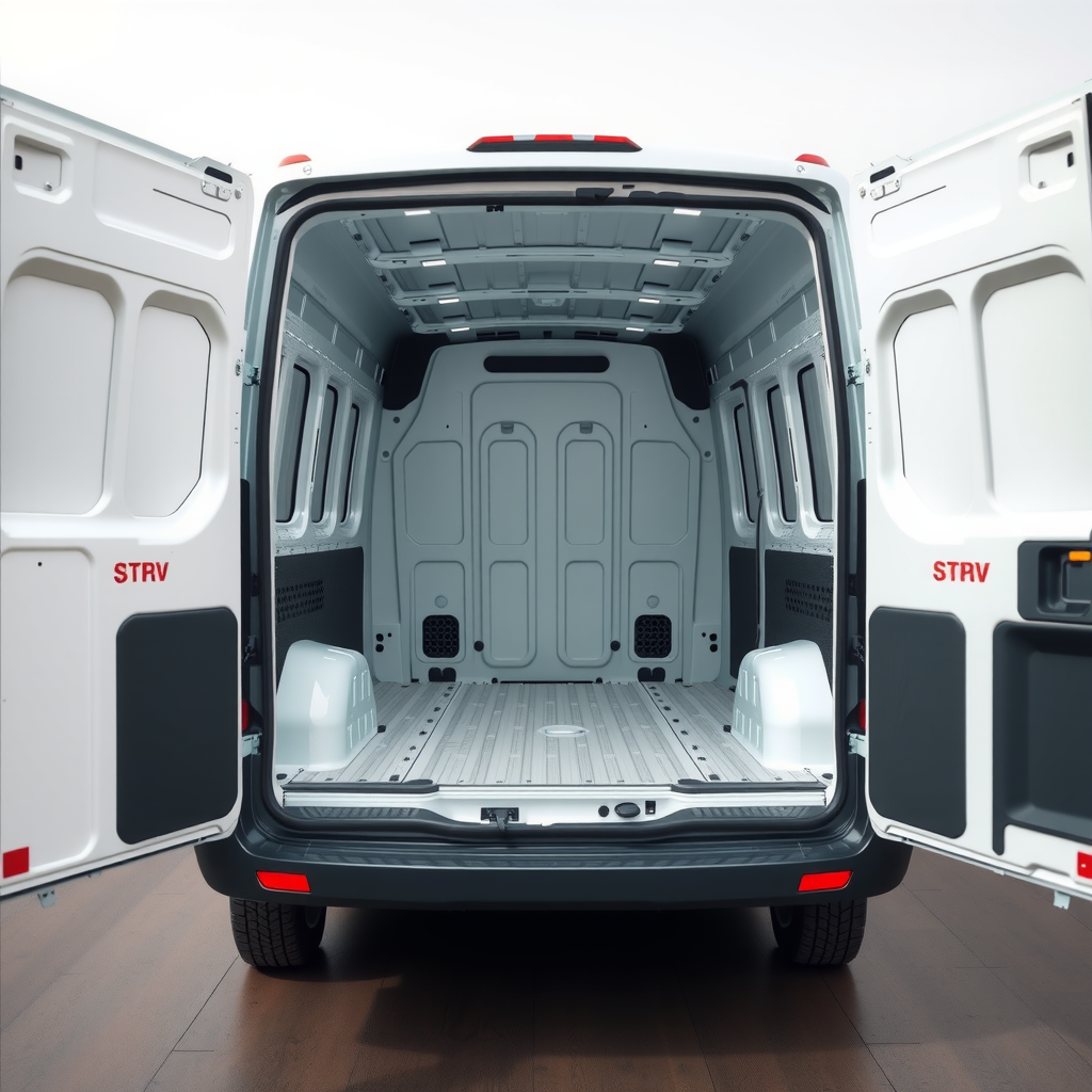 White commercial cargo van with sliding side doors, spacious interior cargo area, professional appearance, ideal for business deliveries and moving services