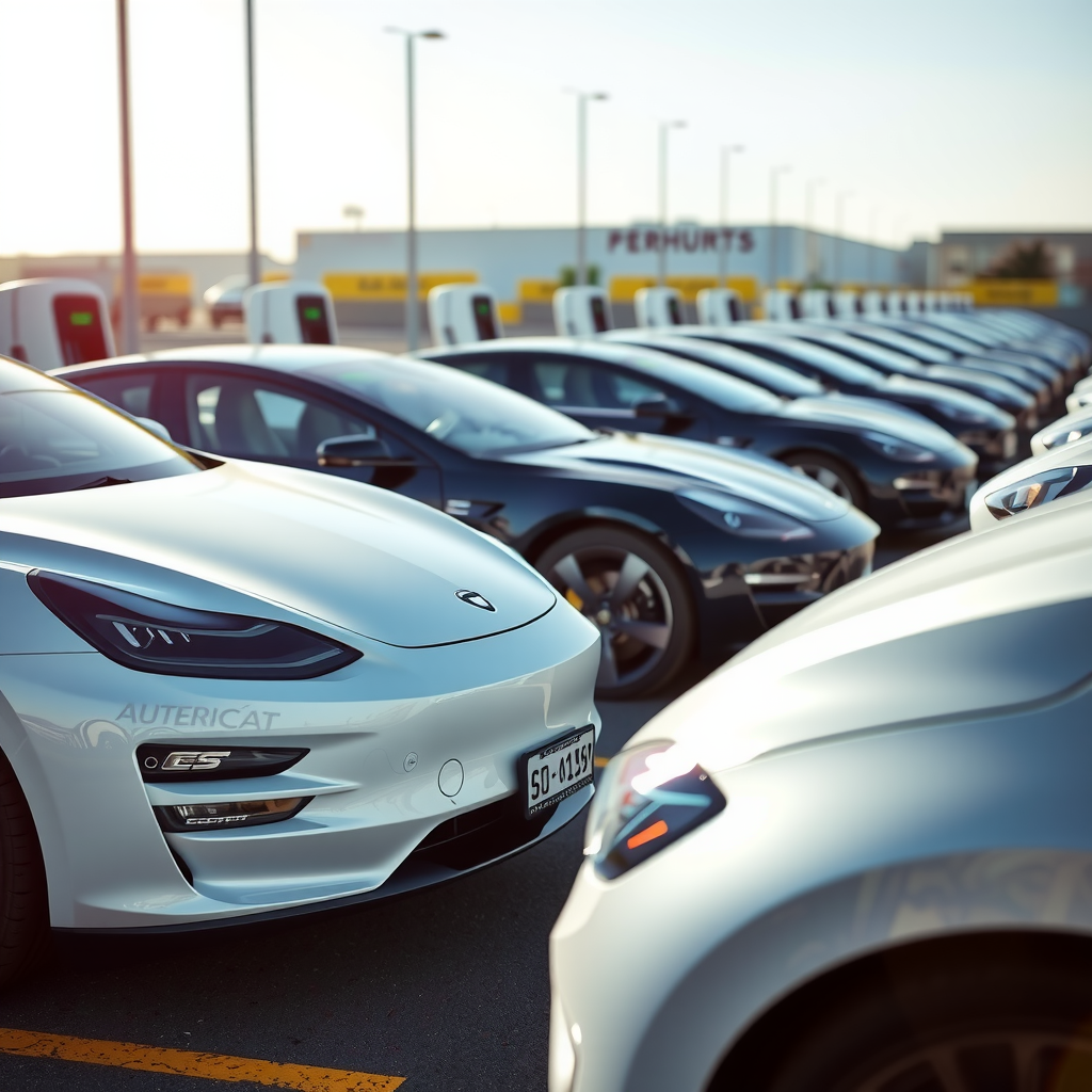 Modern electric and hybrid vehicles lined up at a rental facility, showcasing sleek eco-friendly cars with charging stations in the background, bright daylight, professional automotive photography