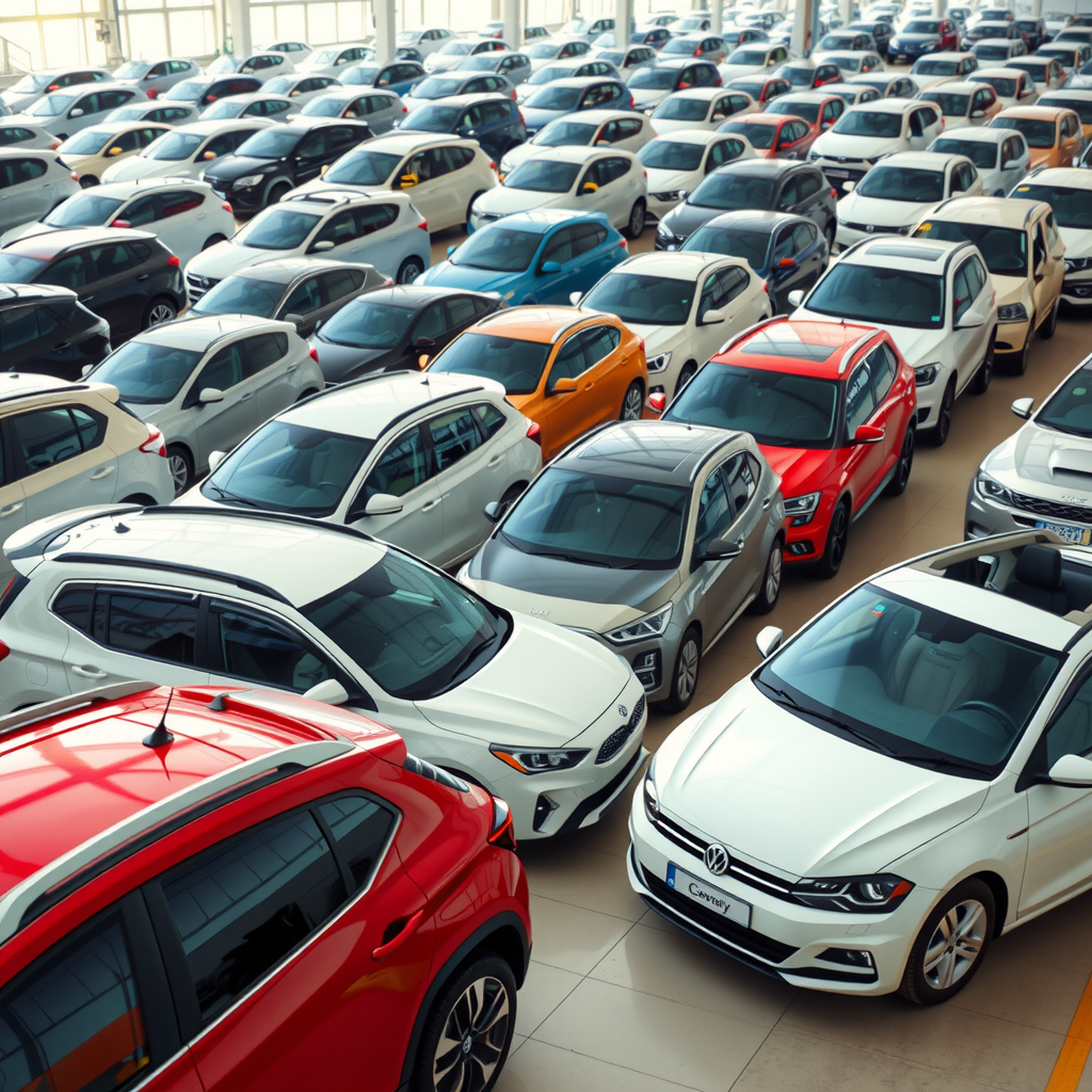 Diverse fleet of rental vehicles including economy cars, SUVs, and luxury sedans parked in organized rows at a professional rental facility, showcasing range of options available to customers