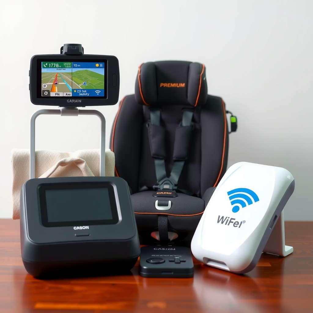 Collection of premium rental amenities including GPS navigation device, child safety seat, mobile WiFi hotspot, and ski rack accessories displayed professionally to enhance customer rental experience