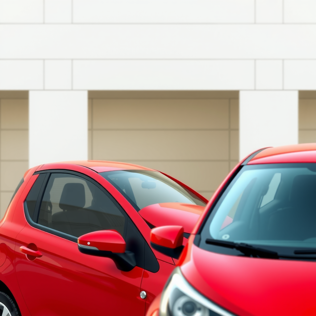 Small compact car in red color, perfect for solo travelers and couples, easy parking in tight spaces, fuel-efficient urban vehicle