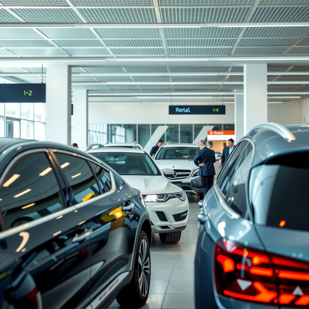 Modern car rental facility with advanced technology, clean vehicles, professional staff assisting customers, representing the future of vehicle rental services and customer-focused innovation