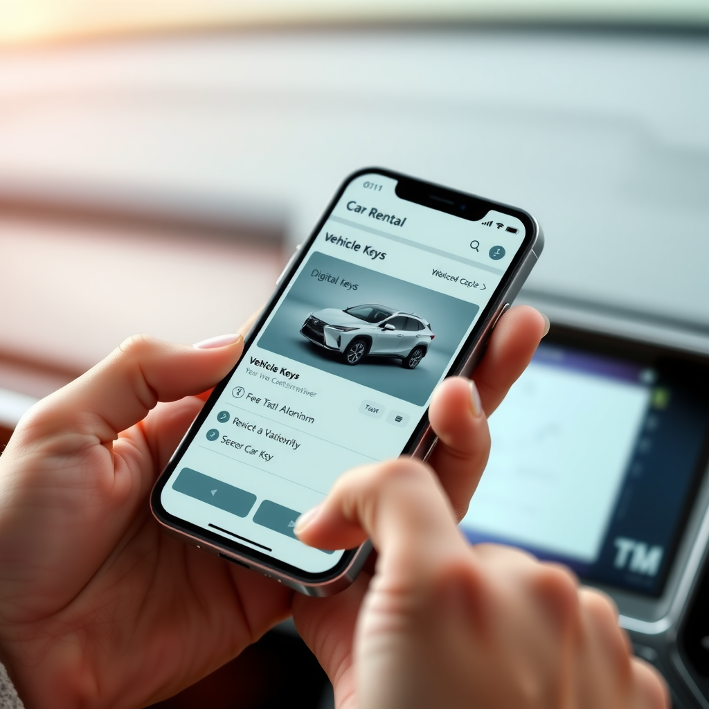 Close-up of hands holding smartphone displaying modern car rental mobile application interface with vehicle selection screen, digital keys feature, clean UI design, contemporary technology